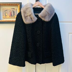 Elegant Genuine karakul-Parisian Lamb Black Coat with real gray Mink Fur Collar!